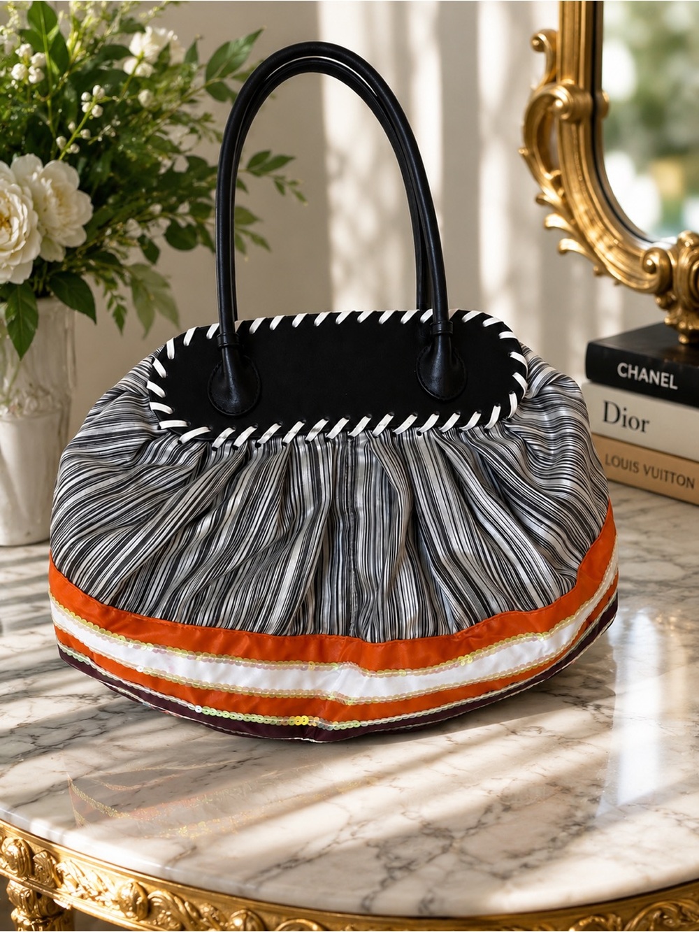 Pleated Striped Sequin Trim Handbag Black Orange